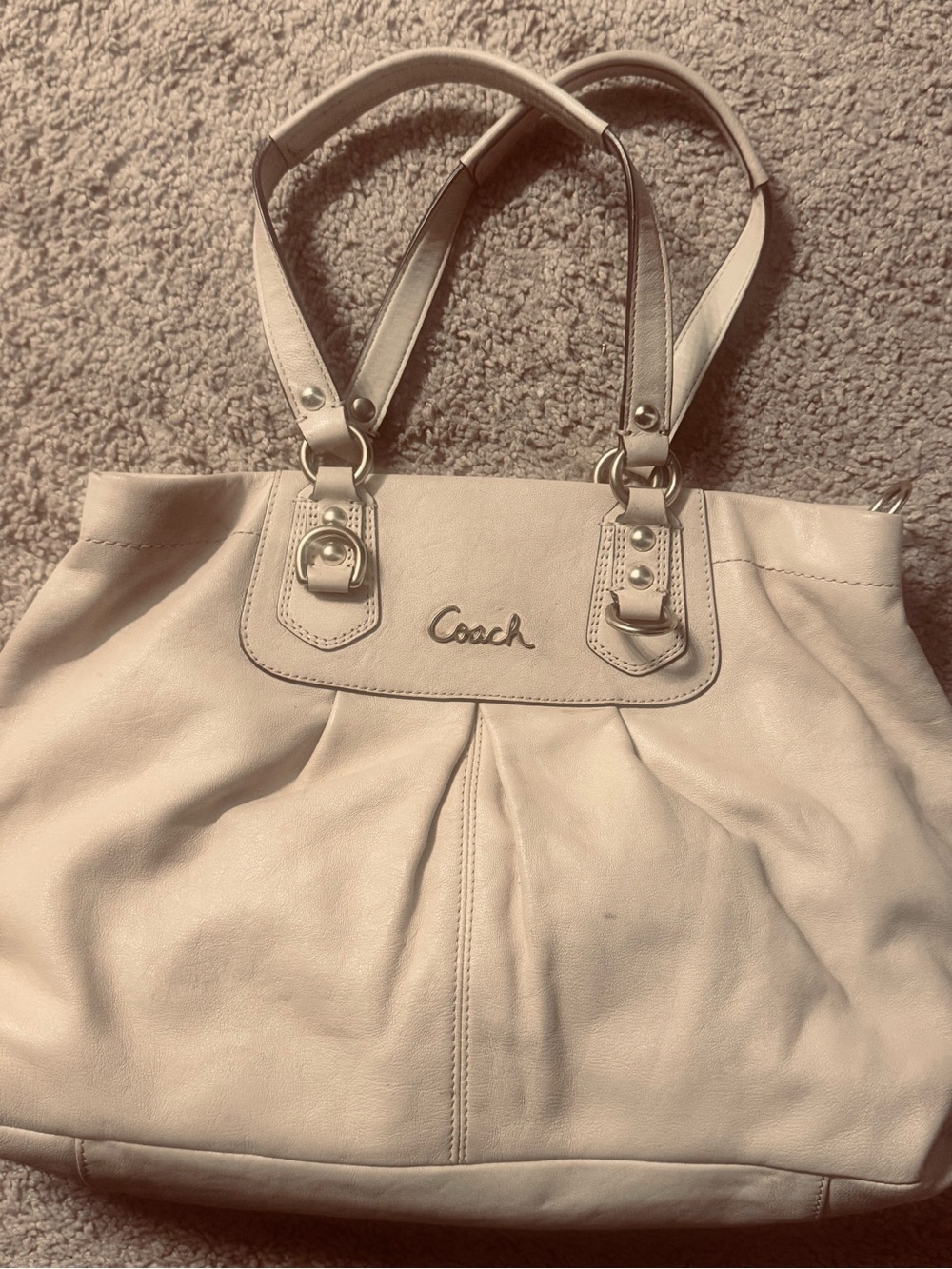Coach Beige Leather Pleated Tote with silk pink inside